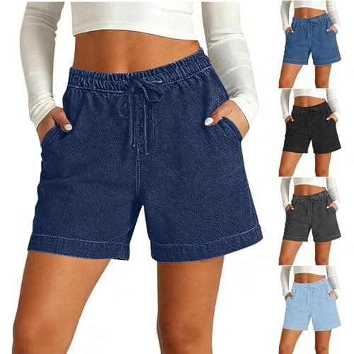 Womens Summer Shorts Pull On Elastic Waist Jean Shorts Lightweight Casual Baggy Jorts Drawstring Comfy Crop Pants