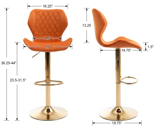 EALSON Velvet Bar Stools Set of 2 Counter Height Barstools with Back Swivel Bar Chairs with Gold Base Modern Adjustable Kitchen Island Stools for Home Bar/Dining Room, Orange