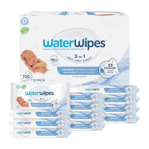 WaterWipes Sensitive+ Newborn & Baby Wipes, 3-In-1 Cleans, Cares, Protects, 99.9% Water, Unscented & Hypoallergenic, 720 Count (12 Packs)