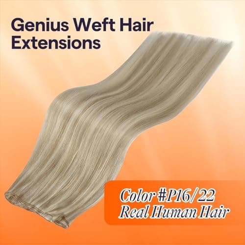 Full Shine Genius Human Hair Weft Hair Extensions 18 Inch Golden Blonde Highlighted Weaving Hair Extensions 50 Grams Silky Straight Remy Human Hair Genius Weft Sew in Extensions Wedding
