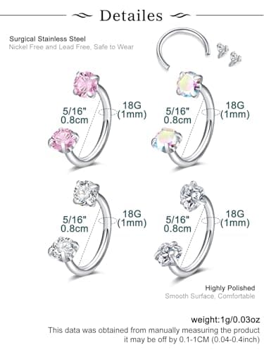 Longita Horseshoe Nose Ring for Women Double Gem Horse Shoe Nose Ring Hoop 18g Surgical Steel Silver Cartilage Helix Tragus Earring Hoops Labret Lip Piercing Jewelry Small Septum Rings 18 gauge 4pcs
