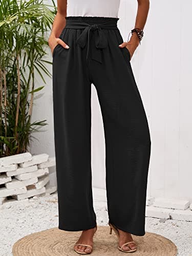 Heymoments Wide Leg Women Pants Casul Lightweiht Waisted Adjustable Tie Knot Loose Comfy Flowy Casual Black Large Trousers with Pockets