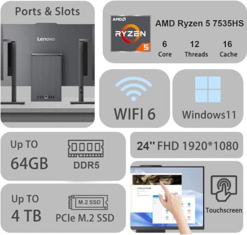 Lenovo 24" Touchscreen IdeaCentre All-in-One Desktop Computer • 6-core AMD Ryzen 5 Processor • 16GB DDR5 • 512GB SSD • Wireless KB&Mouse • Wireless Charging Base • Windows 11