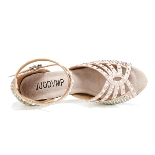 JUODVMP Women's Latin Dance Shoes Rhinestones Satin Ballroom Dance Shoes Salsa Professional Dance Shoes,Model 430,3 inch Heel,Nude,7.5 US