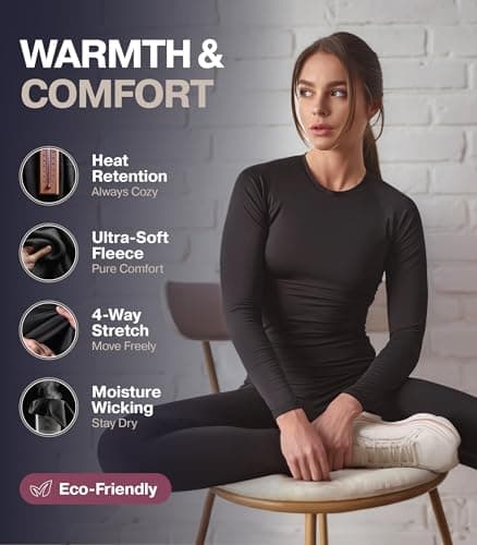 Thermajane Long Johns Thermal Underwear for Women Fleece Lined Base Layer Pajama Set Cold Weather (Medium, Black)