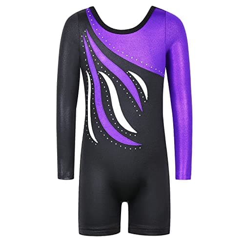 Gymnastics Leotards for Girls Long Sleeve Biketards Dance Unitards 3-12Y, Sleeved Black Purple, 8-9 Years