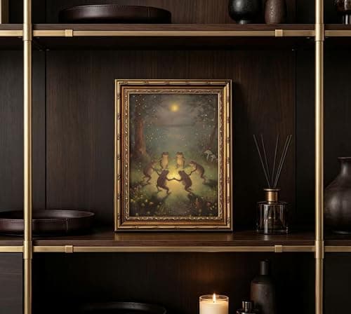 Vintage Gold Framed Frog Wall Art,Frogs Dancing in Moonlight Forest Painting Canvas Prints,Whimsical Animal Wall Decor,Retro Country Toad Poster Artwork,for Corridor Living room Bedroom Kitchen