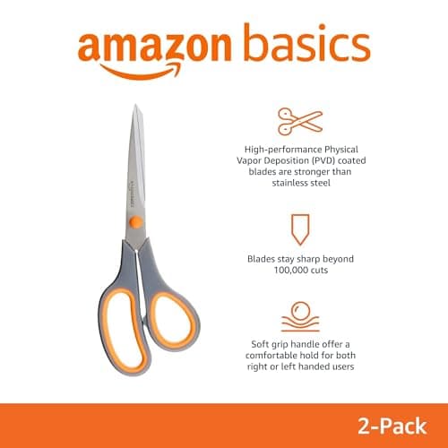 Amazon Basics Multipurpose Stainless Steel Scissors for Office, Crafts, Paper Cutting, Fabric Cutting, Right/Left Handed, Comfort Grip, PVD Coated, 2-Pack, Green and Grey