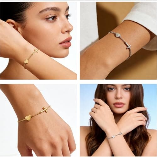 Lunvky 14k Gold Plated Initial Cross Bracelets for Women, Silver Dainty Cute Heart Name Letter Bracelet for Teen Trendy Stuff Confirmation Religious Christian Jewelry Birthday Jesus Gifts
