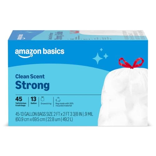 Amazon Basics Tall Kitchen Drawstring Trash Bags, Clean Fresh Scent, 13 Gallon, 45 Count, Packaging May Vary