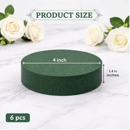 Pack of 6 FLOFARE Round Floral Foam Blocks for Fresh and Artificial Flowers, Each (4" X 1.4"), Dry & Wet Green Flower Foam for Flower Arrangements & Florist Supplies