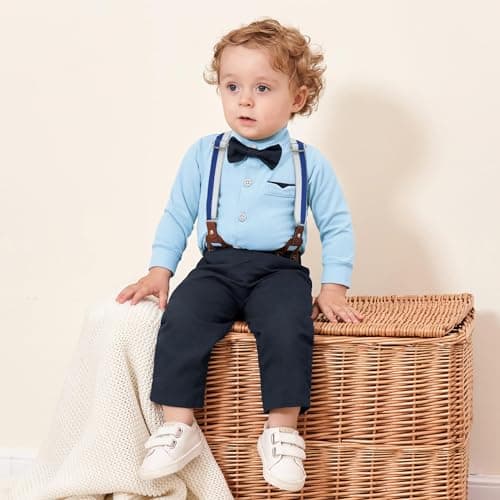 SOLOYEE Baby Boy Clothes Suits 6-9 Months Baby Boys Formal Wedding Outfits Long Sleeve Dress Shirt + Suspender Pants + Bowtie + Beret Gentleman Clothing Set (Blue, 6-9 Months)