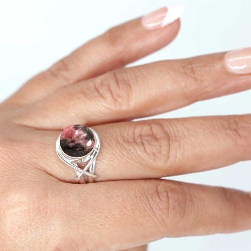 JEWELOPORIUM Pink Rhodonite Silver Ring Size 6.5, 925 Sterling Silver Ring for Women, Genuine Round Gemstone Handmade Jewelry