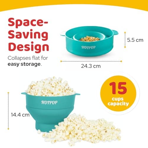 The Original Hotpop Microwave Popcorn Popper, Silicone Popcorn Maker, Collapsible Bowl BPA-Free and Dishwasher Safe- 20 Colors Available (Cyan)