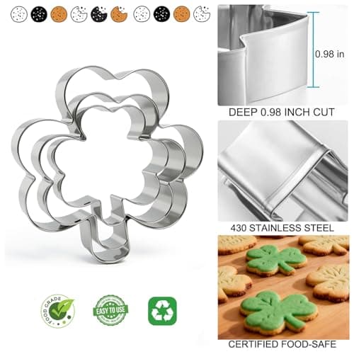 6Pcs St. Patrick's Day Metal Cookie Cutter Set - Shamrocks & Four Leaf Clovers Shapes Large 4’’ Small 3’’ Mini 2‘’, Stainless Steel Clover Biscuit Mold for Irish Spring Holiday Party Decor or Baking
