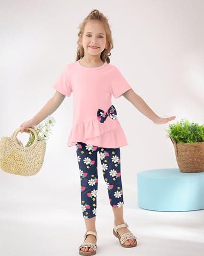 SOLOYEE Toddler Girl Clothes 3T 4T Girls Outfit, Short Sleeve Ruffle Top with Bowknot + Floral Print Capri Pants 2Pcs Spring Summer Clothing Set