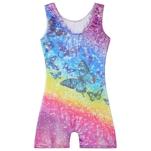 BAOHULU Gymnastics Leotards for Girls Kids Sparkle Tank Biketards with Shorts Dance Outfit, Rainbow Butterfly, 6-7 Years