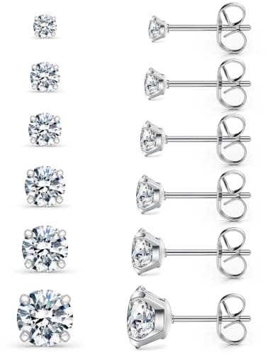 6 Pairs Stud Earrings Set, Hypoallergenic Cubic Zirconia 316L Earrings Stainless Steel CZ Earrings 3-8mm (Steel color)