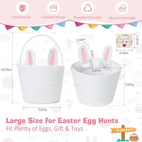 BEIYANA Easter Basket for Kids, Cute Bunny Easter Basket with Removable Ears & Writable Name Tag, Personalized Cotton Rope Woven Empty Easter Basket, First Easter Gift for Toddlers Boys Girls (Pink)