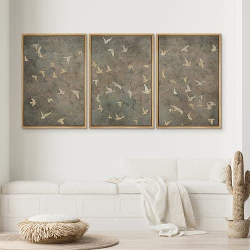 SIGNWIN Framed Canvas Print Wall Art Set Abstract Golden Birds in Flight Illustrations Modern Art Decorative Rustic Calm/Zen for Living Room, Bedroom, Office - 24"x36"x3 Natural