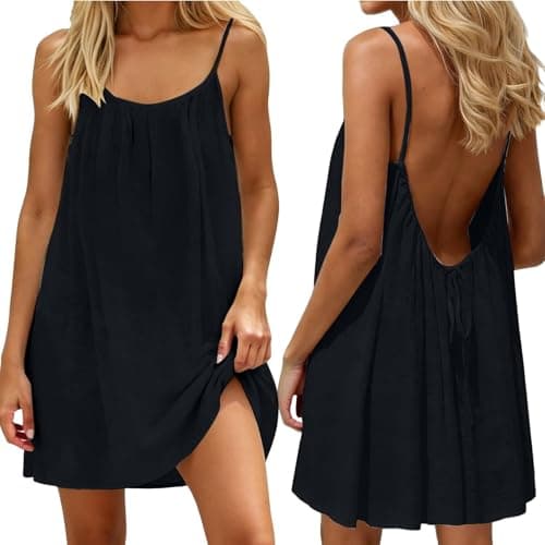 Linen Clothes for Women,Backless Mini Cami Dresses Womens Sleeveless Open Back Dress Spaghetti Strap Flowy Sundress Summer Beach Vacation Sling Dress