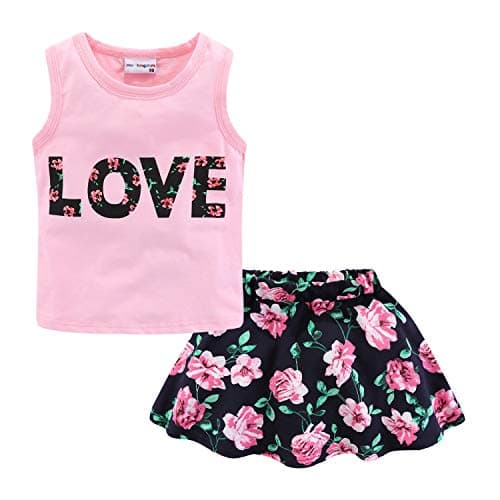 Mud Kingdom Top and Skirt Set for Little Girls Pink Love Letter Print Sleeveless Tank Top Floral Skirt 2 Piece Outfit Size 7-8