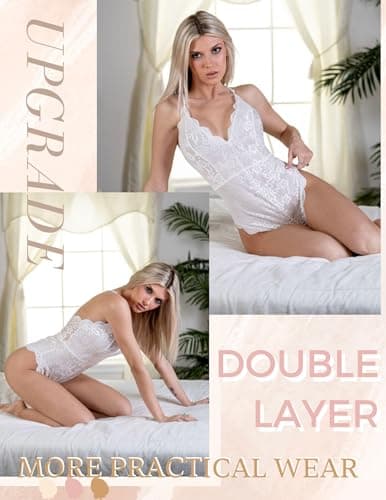 Avidlove Women One Piece Lingerie Deep V Teddy Sexy Lace Bodysuit Snap Crotch Babydoll(Double Layers - White,L)