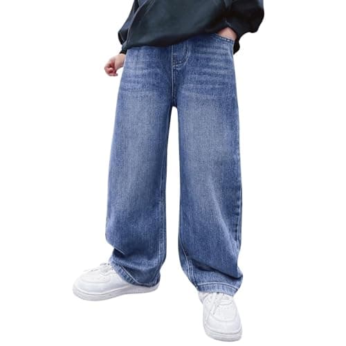 Baggy Jeans Boys Y2K Straight Wide Leg Denim Pants Kids Casual Elastic Waist Loose Trousers Pocket Streetwear Vintage Clothes (CA/US, Age, 15 Years, 16 Years, Light Blue)