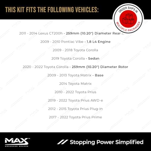 MAX Advanced Brakes - Rear Brake Kit For 2009-2022 Toyota Corolla, 2010-2022 Toytoa Prius, 2009-2014 Toyota Matrix| Carbon Ceramic Brake Pad and Rotor Kit| Cross-Drilled Brake Rotors