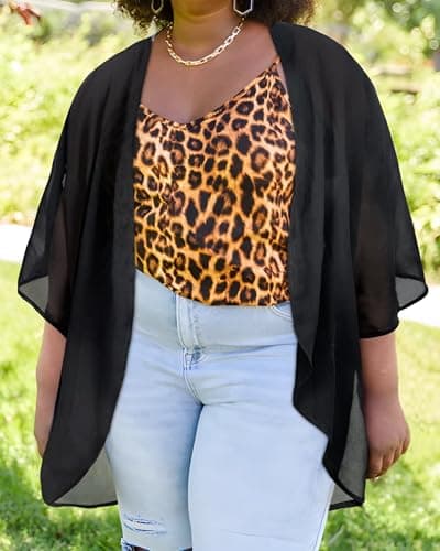 Womens Floral Kimono Cardigan Chiffon Beach Coverups Sheer Swimsuit Cover Up Casual Summer Tops(Solid Black, L)