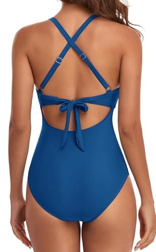 Eomenie Women's One Piece Swimsuits Tummy Control Cutout High Waisted Bathing Suit Wrap Tie Back 1 Piece Swimsuit Deep Blue