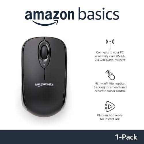 Amazon Basics 2.4 GHz Wireless Optical Computer Mouse with USB Nano Receiver, Portable, No Wires, Smooth Tracking, Multi-Device Compatibility, Black