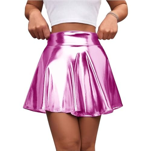 Women Shiny Metallic Ballet Dance Skirt Pleat Mini Skirts Scooter Skater Cheerlead Skirt High Waist Athletic Skort Pink S
