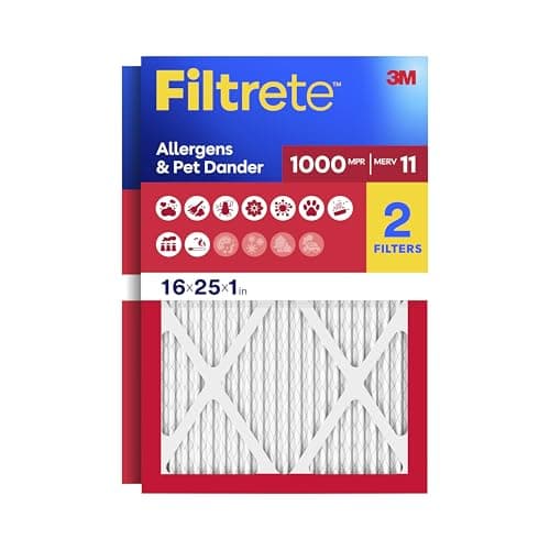 Filtrete 16x25x1 Air Filter, MERV 11, MPR 1000, Allergens & Pet Dander, 3-Month AC and Furnace Filters, Cleaner Air, Reliable Airflow, 2 HVAC Filters (Actual Size 15.68 x 24.68 x 0.81 in)