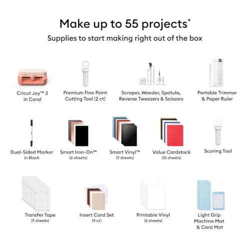 Cricut Joy™ 2 Deluxe Bundle, Coral - Ultra-Compact Cutting Machine - Perfect for Making Cards, Stickers, Labels, Decals, & More - Portable - Includes Enough Supplies for Up to 55 Projects