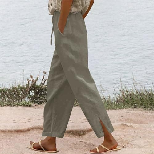 TXGMNA Cotton Linen Pants for Women Casual Loose Flowy Palazzo Pants Drawstring Waist Trousers Summer Beach Vacation Outfits Beige