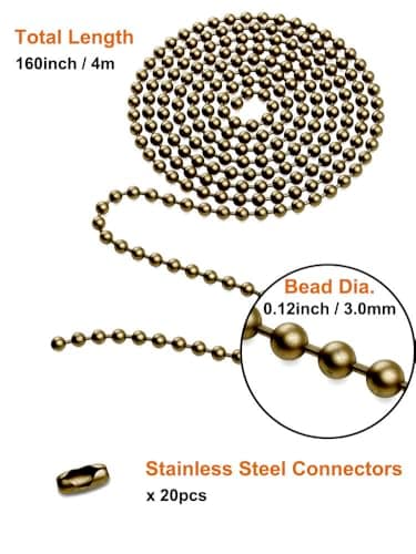 160-inch Ceiling Fan Pull Chain, Rustproof 3mm Pull Chain Extension for Ceiling Fans and Light Fixture, Beaded Ball Chain with 20 Matching Connectors (Bronze)