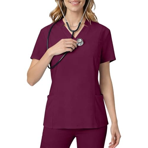 Women Medical Scrub Tops with Notch V Neck Short Sleeve High Elastic Scrubs Classic Lightweight Breathe Nurse Uniform Wine Medium