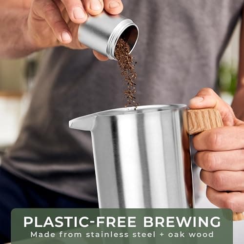 WALDWERK French Press (34 oz) - Non-Toxic Stainless Steel Double Wall French Press Coffee Maker - Plastic Free Coffee Press with Oak Wood Handle - No Plastic