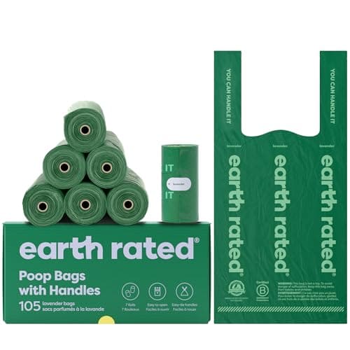 Earth Rated Dog Poop Bags with Easy-to-Tie Handles, Extra Wide Opening, Refill Roll Style, Guaranteed Leak-Proof, Lavender, 105 on Rolls