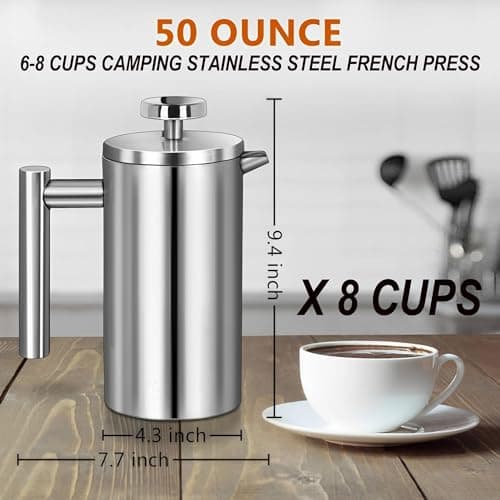 WORBIC Large French Press Coffee Maker 50oz (1.5L), 304 Stainless Steel Double Wall Insulated Coffee Press for Camping, Backpacking, Party, Travel, Gift Set, Dishwasher Safe (Silver, 6-8 Cups)