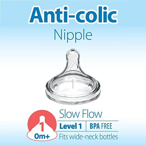 Dr. Brown’s Natural Flow Level 1, Wide-Neck Baby Bottle Nipple, Slow Flow, 100% Silicone, 2 Pack, 0m+