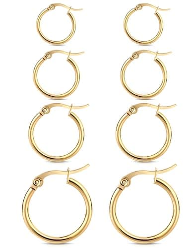4 Pairs Gold Silver Hoop Earrings for Women Stainless Steel 14K Gold Plated Huggie Earrings Hypoallergenic Lightweight Earring (10-20mm) (Gold - 4 Pairs)