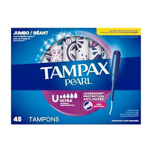 Tampax Pearl Tampons, with LeakGuard Braid, Ultra Absorbency, Unscented, 45 Count