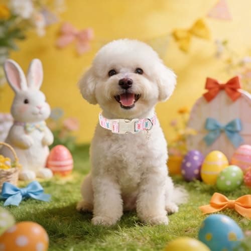 Maca Bates Easter Basic Dog Collar with Rabbit Charm for Small Girl Boy Dogs, Colorful Bunny Pattern,Adjustable Durable Soft Collars Festival Gift for Male Female Puppy