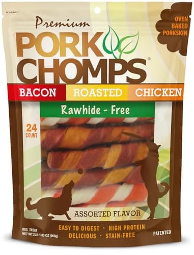 Pork Chomps Baked Pork Skin Dog Chews, 6 Inch Twists, 24 Count - Assorted Flavors - Long-Lasting Treats for Dogs - High Protein, Rawhide-Free, Low Fat, Healthy & Delicious Chews