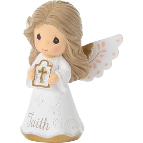 Precious Moments 252428 Faith Mini Angel Figurine Holding Cross, Inspirational Resin Angel with Peach Wing Accents, Religious Gift for Communion or Confirmation