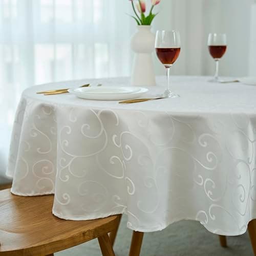 Marina Decoration Home Decor Jacquard Waterproof Thick Elegant Soft Premium Solid Damask Scroll Decorative Kitchen Table Cloth Liquid Repellent Stain Resistant Tablecloth, White Color Round 70 Inch