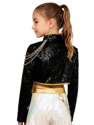 YONGHS Girls Sequin Popular Singer Tops Music Festival Stage Performance Sparkly Dance Crop Jacket Black 6 Years