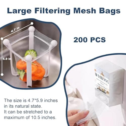 WYIRONG 200 PCS Large Kitchen Disposable Mesh Sink Strainer Bag for Meshmate Waste Rack, Sink Strainer Elastic Anti-Clogging Sink Drain Strainer Collecting Kitchen Food Waste Garbage